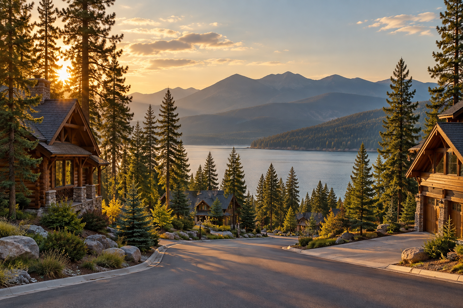 A North Idaho mountain town street at golden hour, illustrative