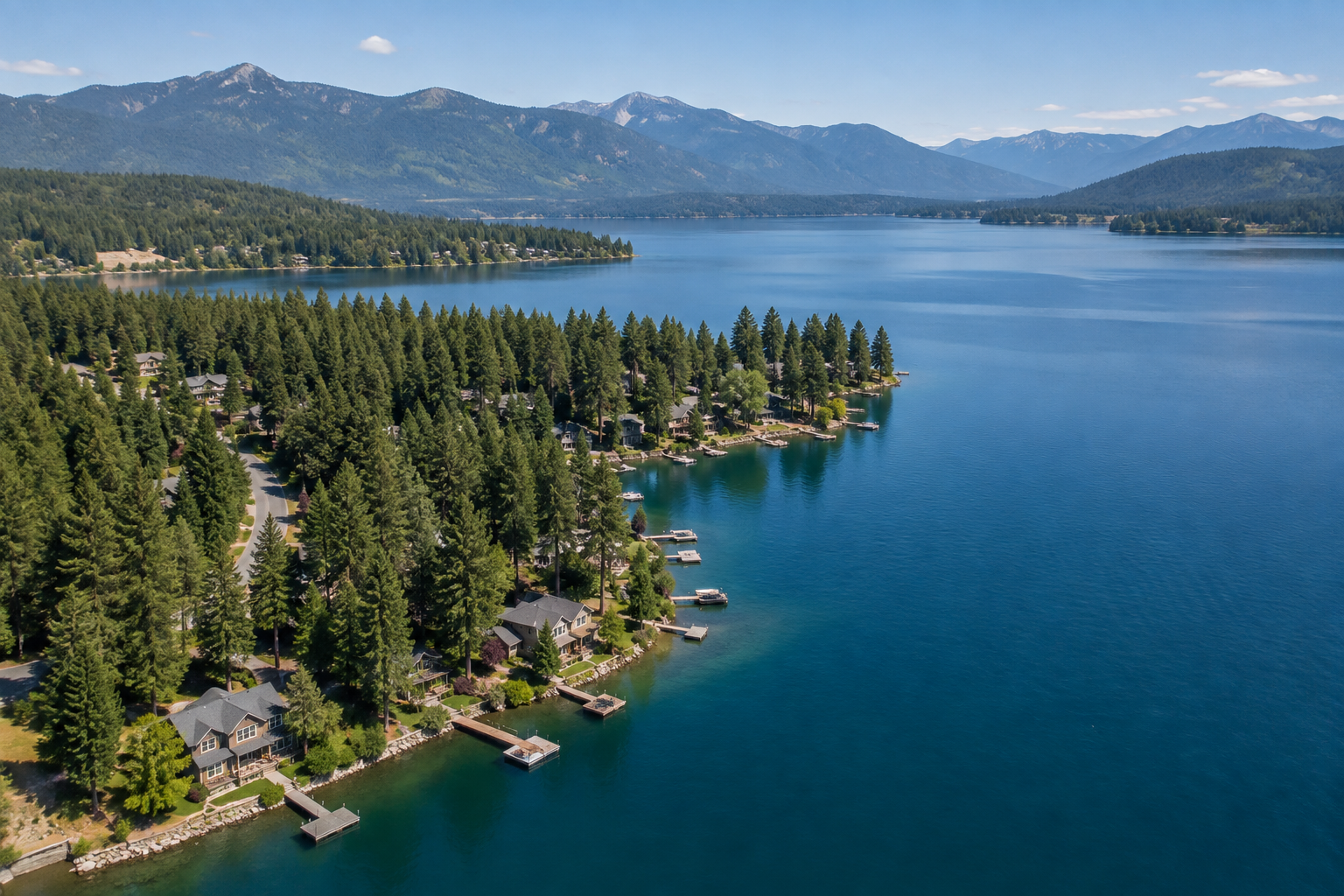 An aerial view of a North Idaho lakeside neighborhood, illustrative