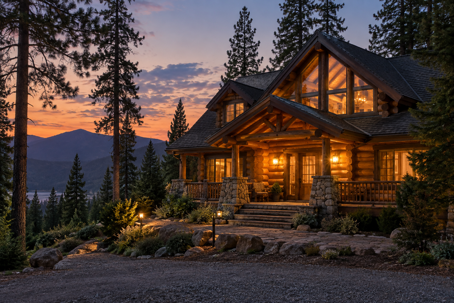 A North Idaho log home exterior at dusk, illustrative