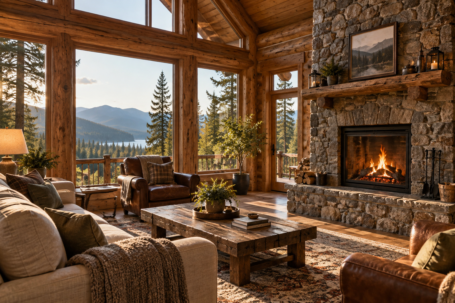 A cozy North Idaho living room, illustrative